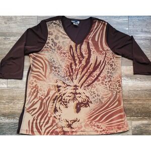 VTG CSC Studio Blouse Women's 1X Tunic Exotic Animal Tiger Print USA Made